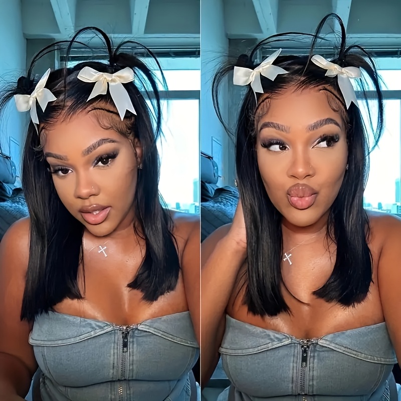 Human Hair Blend Glueless Short Bob Wig Straight Pre- 4x4 Lace Closure Wig Put On Human Hair Blend Wigs Pre Bleached Pre Cut 250% Density