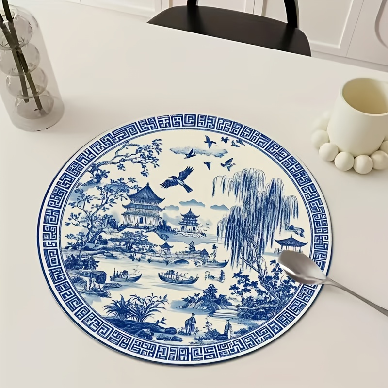 TEMU 2d Flat Surface, 4pcs Blue And White Porcelain Table Mats, Traditional Chinese And Pagoda Pattern Wooden Placemats, Suitable For Parties And