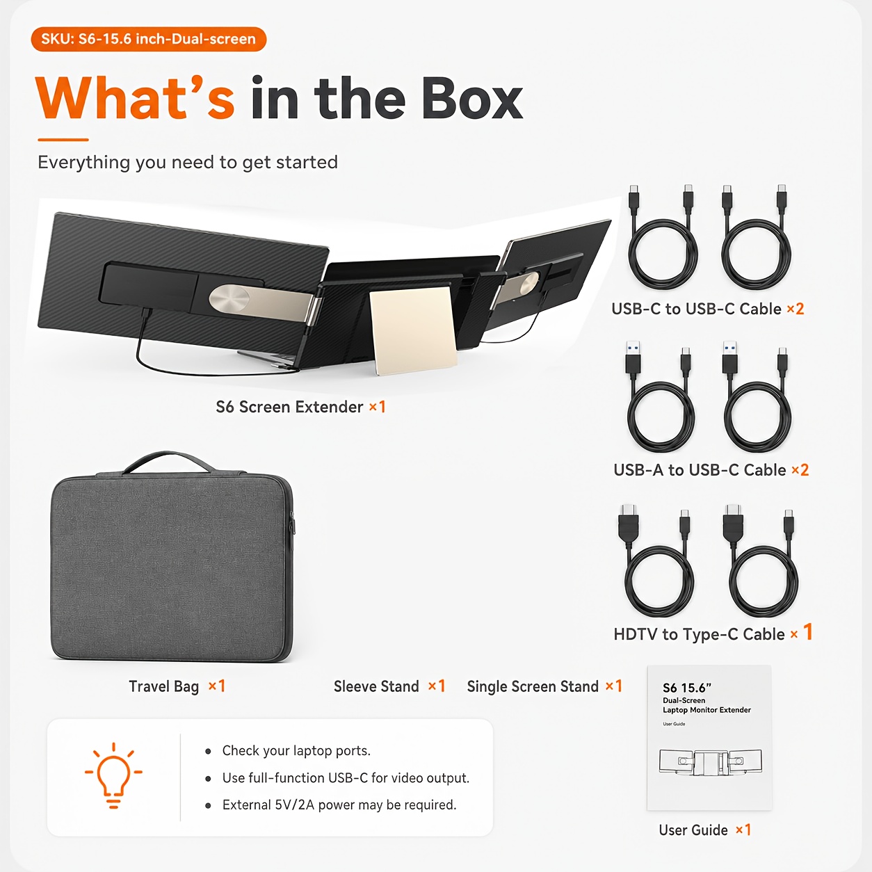 Laptop Screen Extender 14 / 15.6 Inch Dual Screen Portable Monitor, 1080P FHD IPS Screen, 178° Wide Viewing Angle, High Color Gamut, Plug And Play Three-Screen Expansion, Widely Compatible, USB-C/HDTV Video Output, Foldable External Monitor