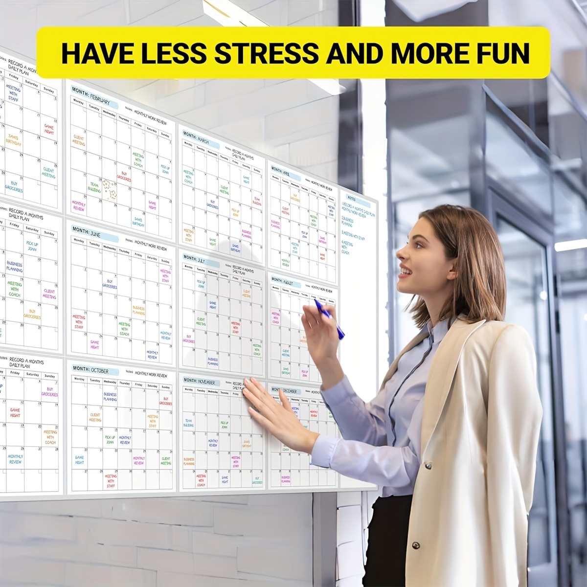 Image of Oversized Wall Calendar Without Dates - A 12-month Erasable Wall Planner That Wiped Clean, Measuring 58.27 By 34.25 Inches, Leaving No Marks Or Residue, And Is Reusable
