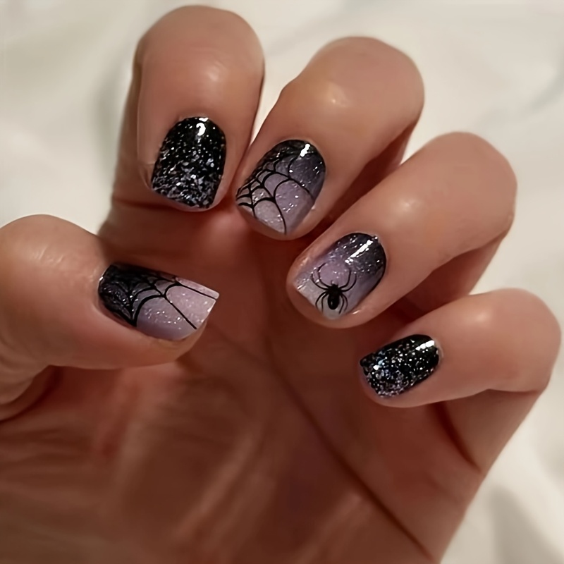 24pcs Press- Spiderweb Glitter Acrylic Short Square Fake Nails