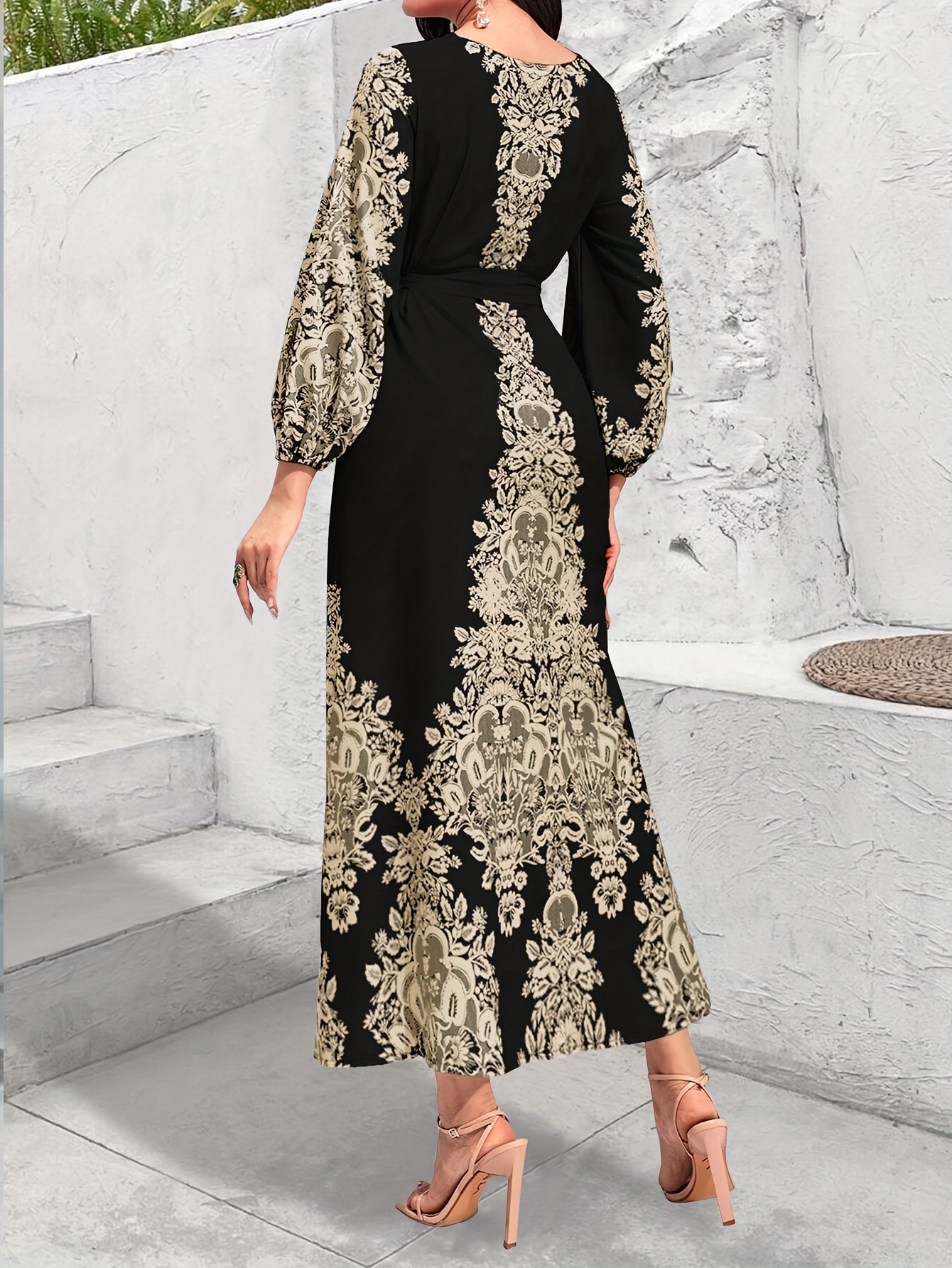 Elegant Black Floral Print Maxi Dress with Golden Detail - Romantic Off-Shoulder Long Sleeve Dress for Women, Perfect for Weddings and Formal Events, Formal Event Dress | Floral Detail | Detailed Design