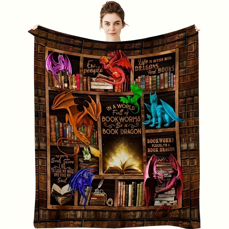 

1pc Bookshelf Dragon Print Blanket, Flannel Blanket, Soft Warm Throw Blanket Nap Blanket For Couch Sofa Office Bed Camping Travel, Multi-purpose Gift Blanket For All Season