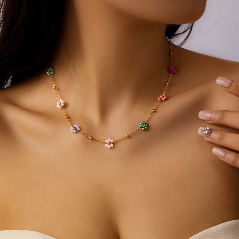 Image of Bohemian Style Necklace Jewelry Colorful Flower Beaded Necklace Stainless Steel Plated Women's Golden Necklace Cheap