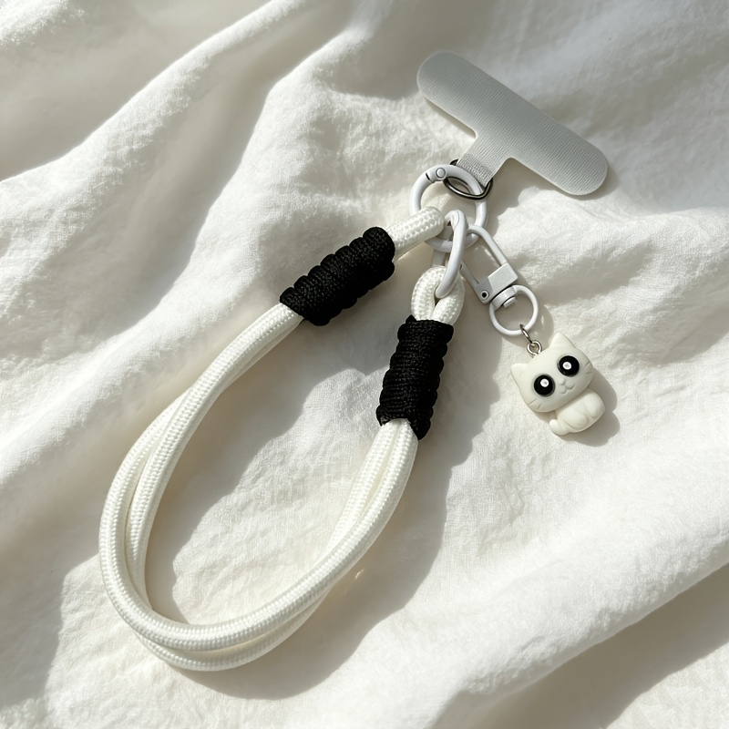TEMU Llavero de Gato Adorable, Correa de Muñeca para Teléfono Móvil, Cordón de Teléfono Móvil Tejido con Bloque de Color y Negro, Correa de Muñeca