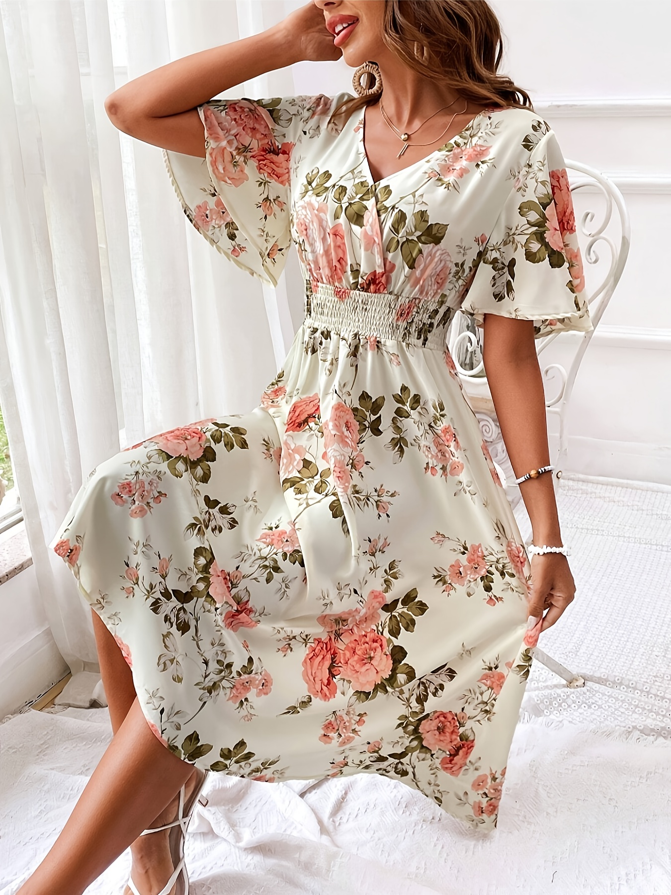 elegant plus size floral bridesmaid dress v neck - Temu