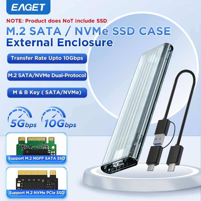 

1pc Eaget M.2 Nvme/sata Ssd Enclosure, Usb 3.2 Type-c, 10gbps, Installation, Compatible With /b+ Ssds, Supports 2230/2242/2260/2280, Plastic Material