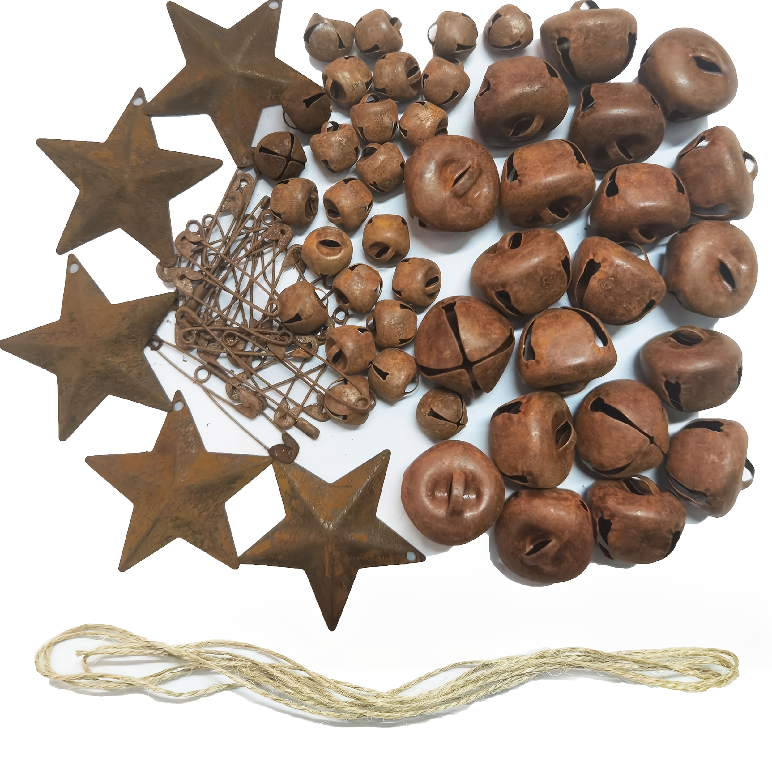 TEMU 75pcs Vintage Metal Bell Set With Large/small Bells, Stars, Safety Pins, And, Suitable For Christmas Ornaments, Diy Crafts, Wreaths, Door Decorations, And Party Decor