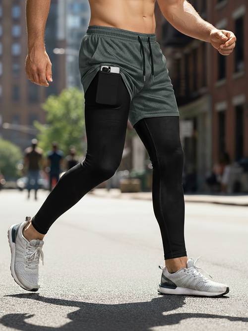 mens athletic quick dry breathable 2 in 1 long pants suitable for running climbing gym outdoor exercise two piece long trousers