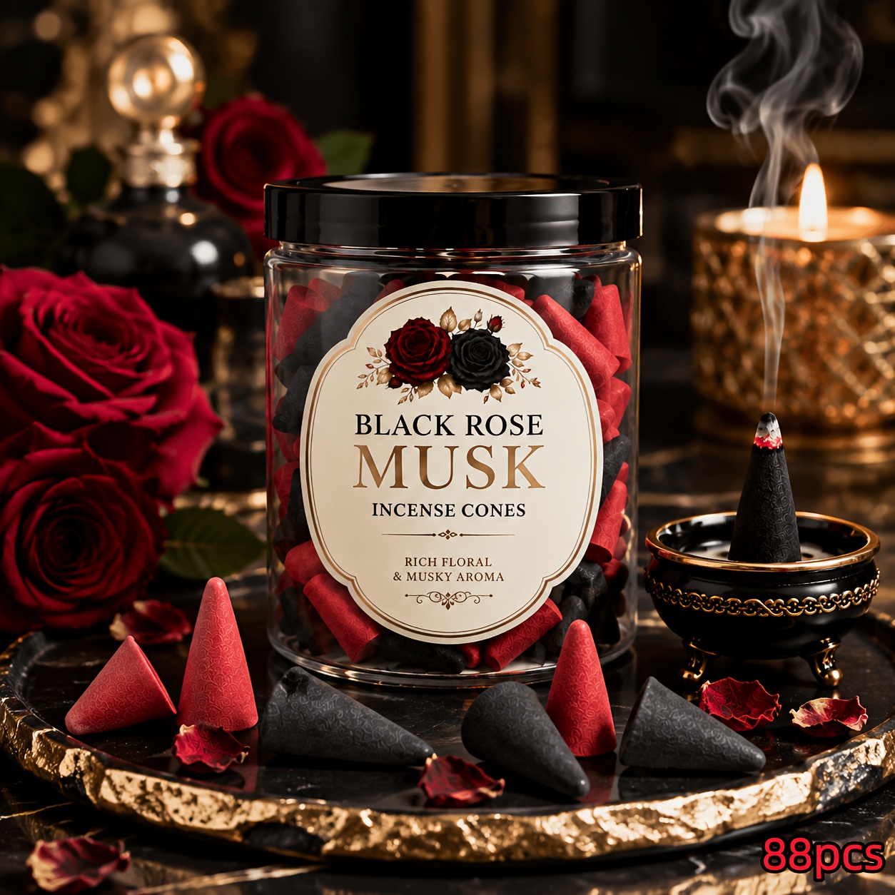 TEMU Black Incense Cone, Handcrafted, With A Red And Black Color Scheme And A Luxurious Floral Scent. Perfect For Relaxing At Home Or , And An