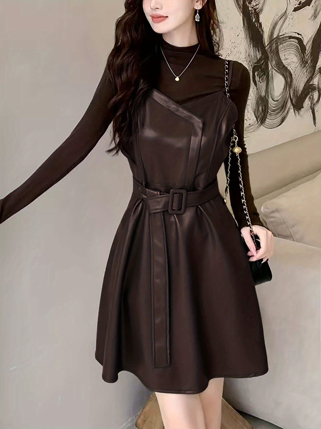 womens spring autumn pu leather stretchy belted spaghetti - Temu Canada