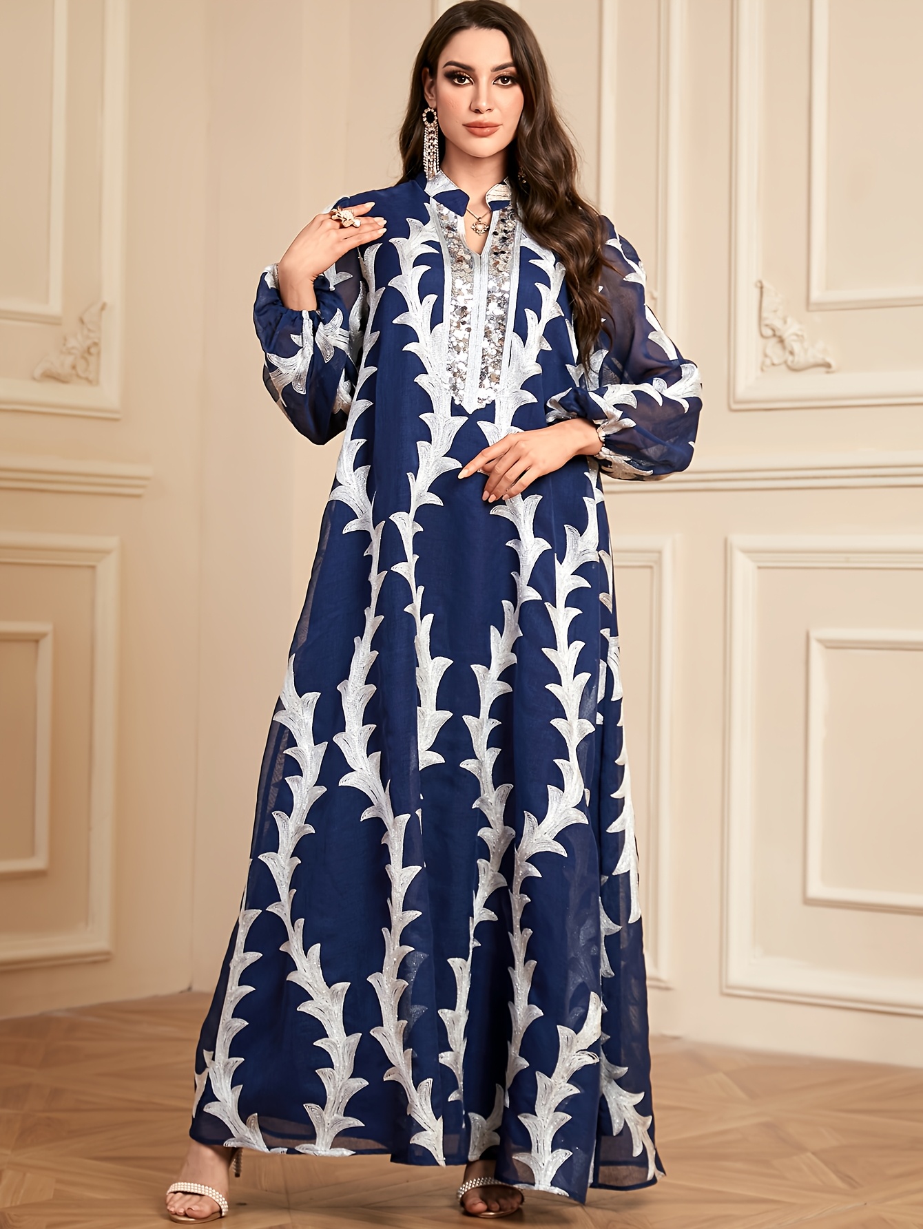 elegant floral embroidered sequin long sleeve maxi - Temu Mauritius