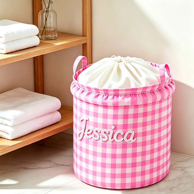 Custom Text Storage Basket - Plaid Laundry Hamper