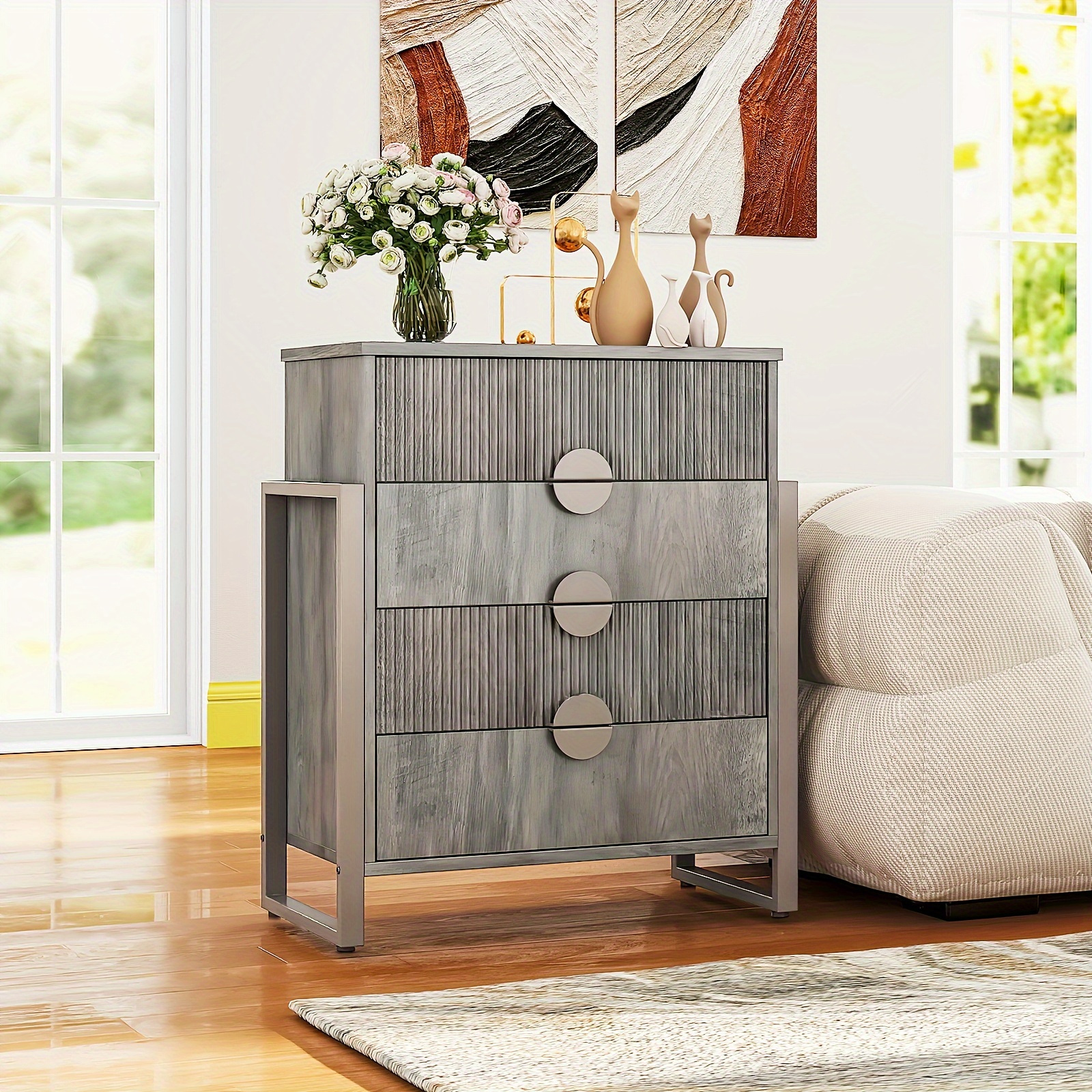 Mozeat Lens Modern Fluted 4 Drawer Dresser, Dressers For Bedroom, Textured Wood Sticks Borders H Metal Legs For Bedroom, Living Room, Hallway