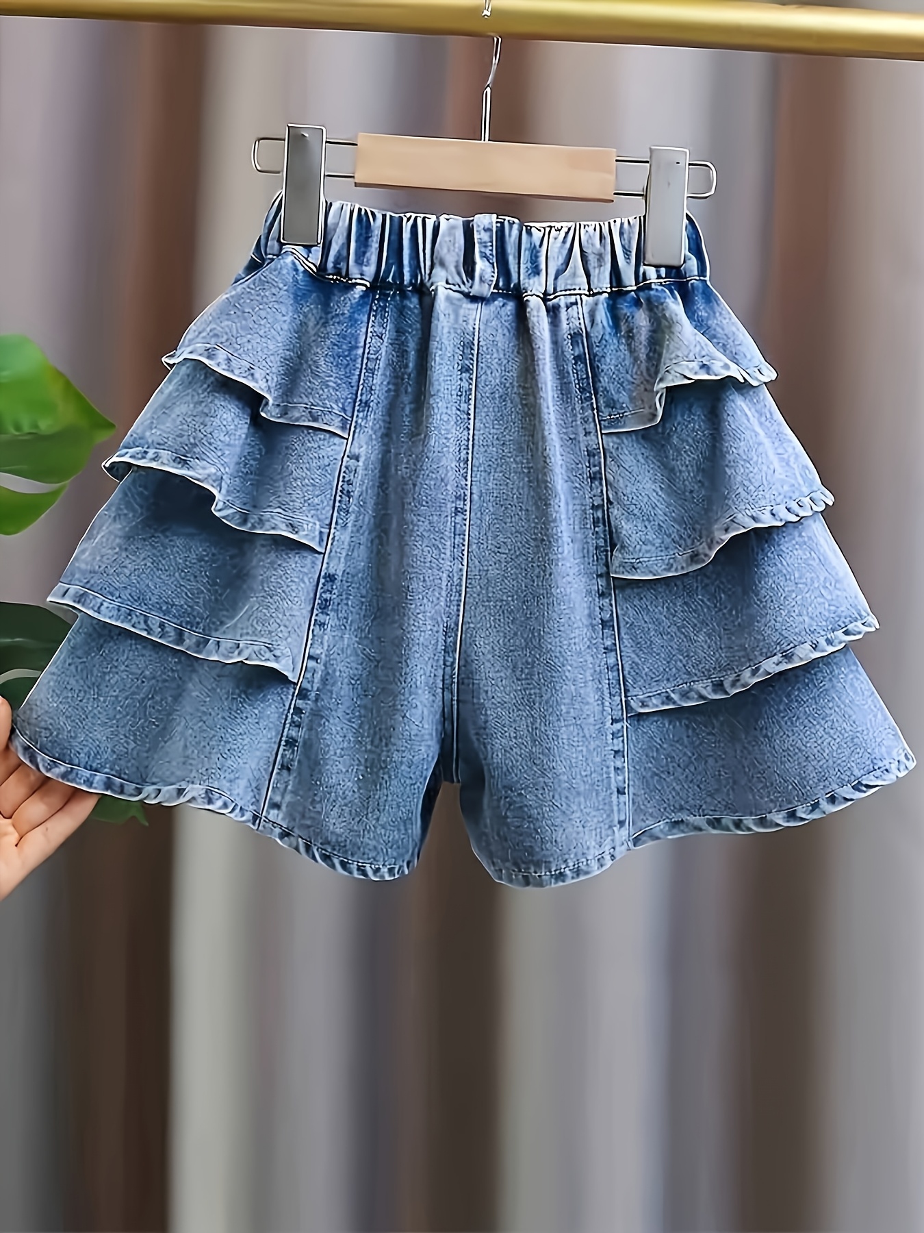 Girls' Summer Fashion Versatile Ruffle-trim Denim Shorts, Comfortable Lightweight Vacation Beach Denim Shorts, Casual Daily Shorts, Cute Girls' Shorts, Holiday Style Shorts, Must-have for Back-to-school Season, Elastic Waist for Comfortable Wear