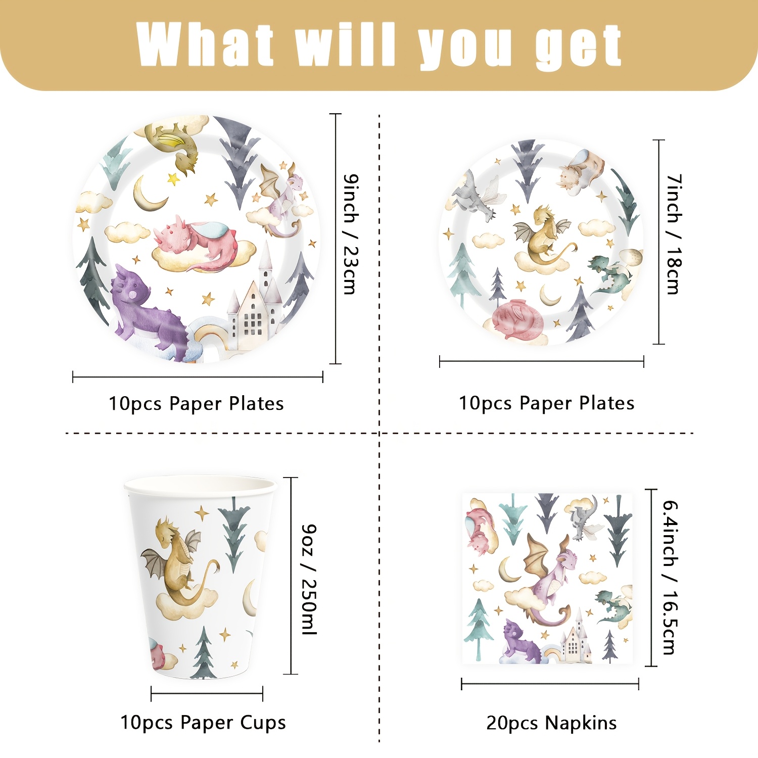 Image of Complete Watercolor Dragons & Dinosaurs Tableware Set - Magical Theme Party Plates, Cups, Napkins For Birthday Party, Shower, Party Decorations - For Young (paper)
