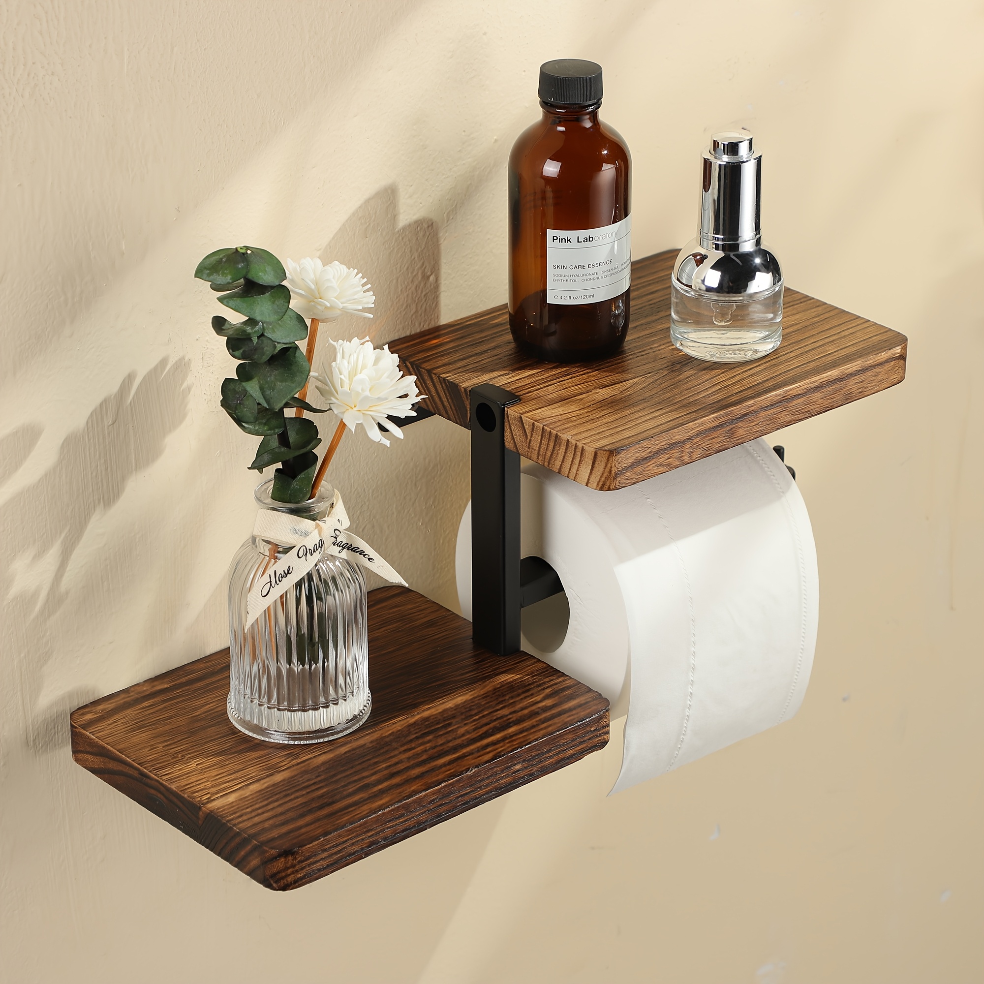 

1pc Wooden Bathroom Holder, Wall Mounted Bathroom Roll Holder With Vertical Storage Space, Hole Installation, Wall Hanging