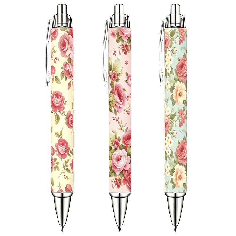 TEMU 3pcs Rose Floral Ballpoint Pens, Stylish And Beautiful Women's Fountain Pens, Retractable Black Ink Pens, Writing Diary Gift, Smooth Writing