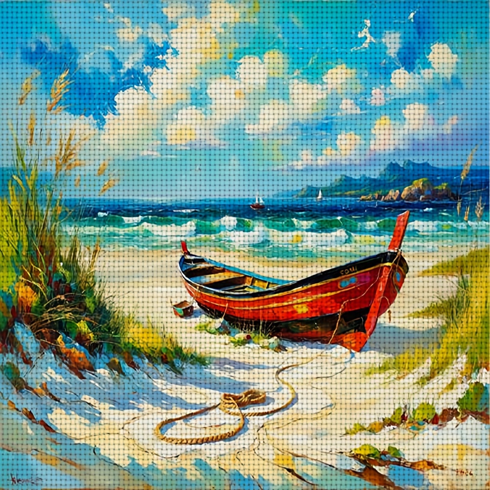 Frameless Cross-Stitch Printed Kit, "Red Boat on Sandy Beach" Home Decor Art