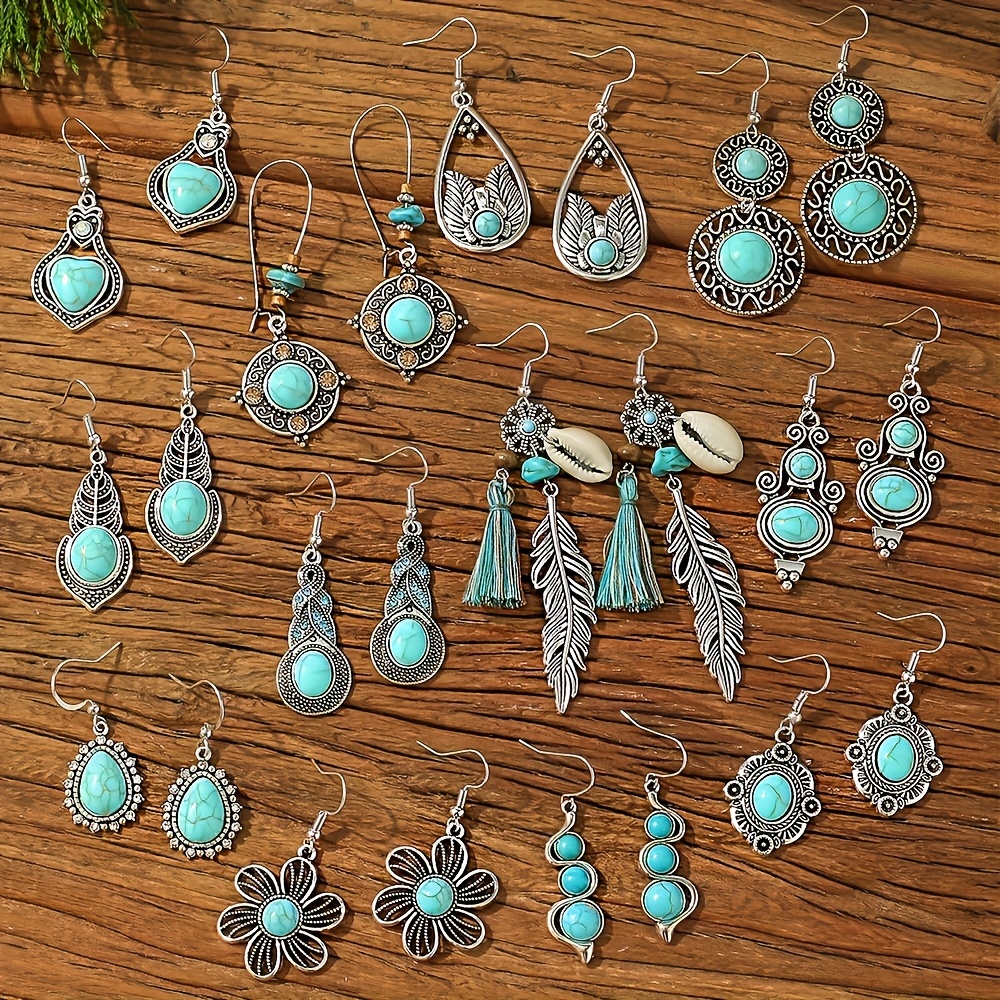 TEMU 12 Pairs Of Bohemian Ethnic Style Turquoise Earrings With Hollowed Out Flowers And Retro Style Hanging Earrings For Women's Parties, 20 Daily Holiday Gifts