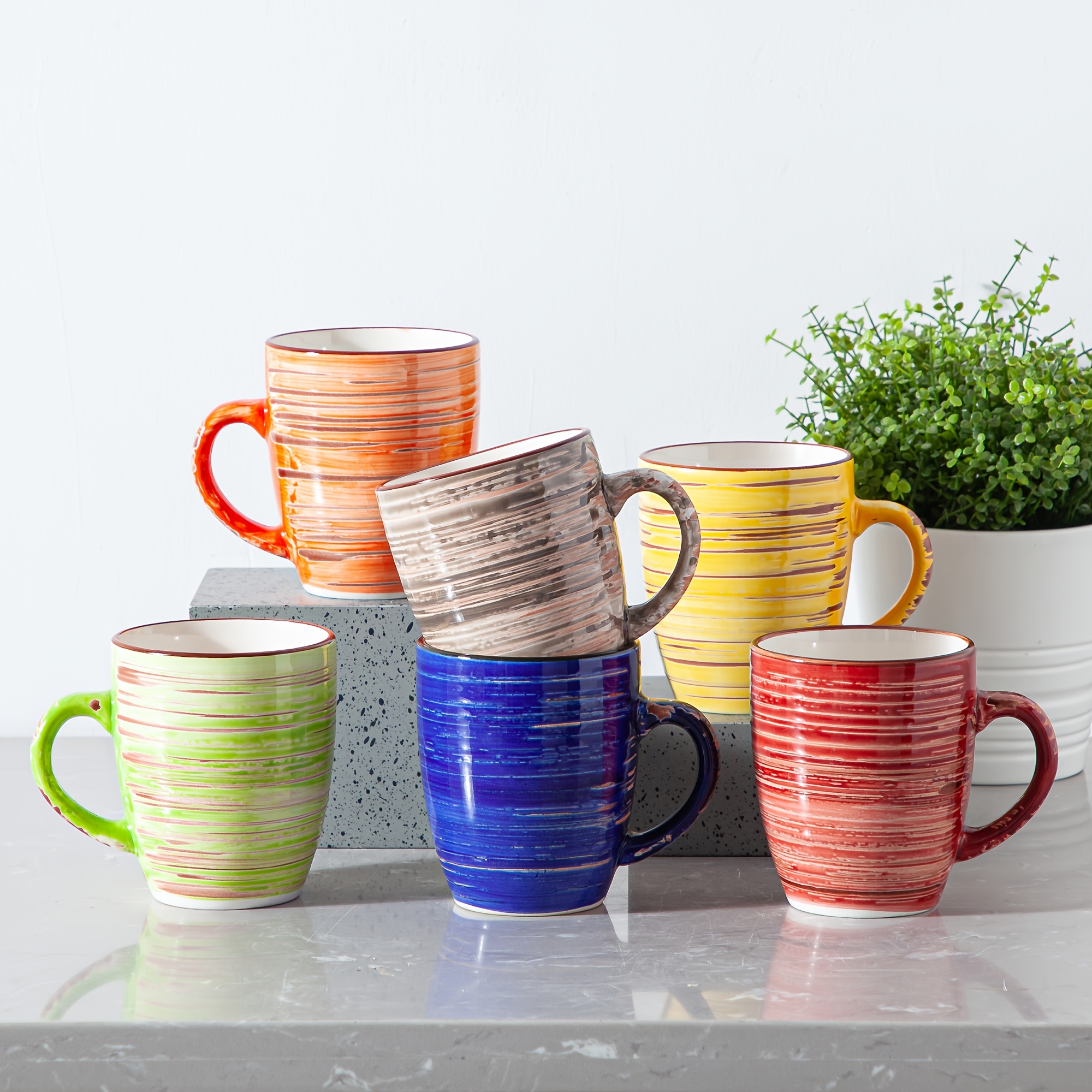 TEMU Lot de 6 tasses en céramique pour café et thé - Tasses rustiques multicolores à bords, mugs ronds pour boissons chaudes, chocolat chaud, lait,