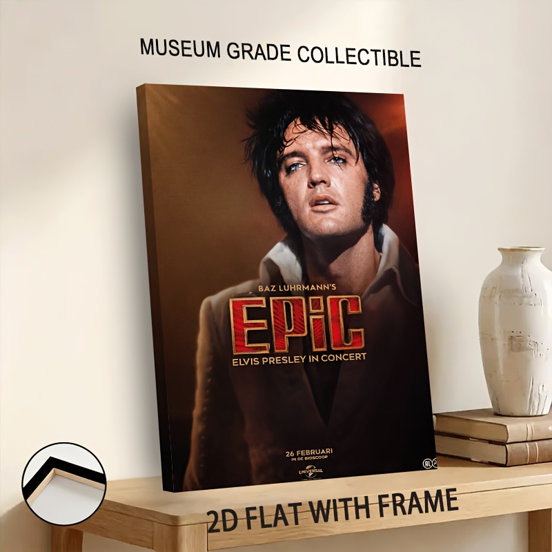 TEMU 2d Flat, 2d Flat 1pc 2d Flat Elvis Concert Print Framed Canvas Paint Retro Dramatic Portrait Style Rock And Roll Wall Art Ready To Hang Living