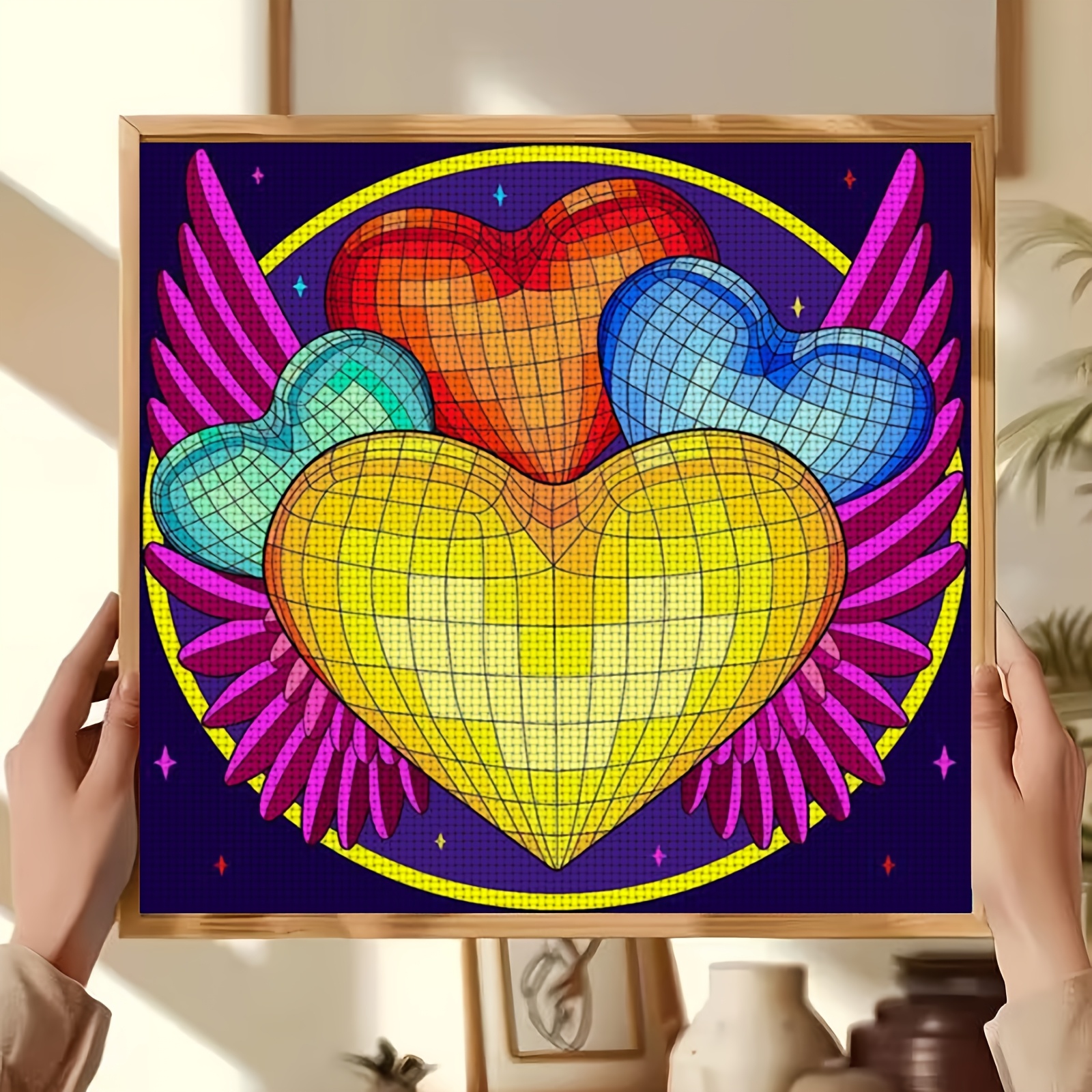 Cross-Stitch Printing Kit, Colorful Winged Grid Heart Design for Beginners