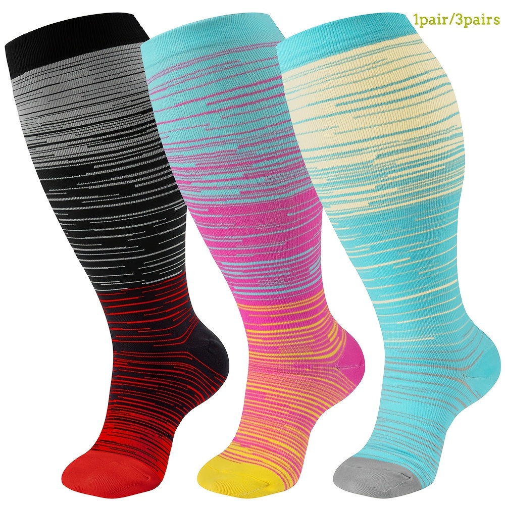 

1/3 Pairs Plus Size Socks Wide Calf For 20-30 Mmhg - Knee High Support Stockings With Stripes, Nylon & Polyester Blend, Machine Washable, Knit Fabric, Valentine's Day & Day, 340 G/m² Fabric Weight