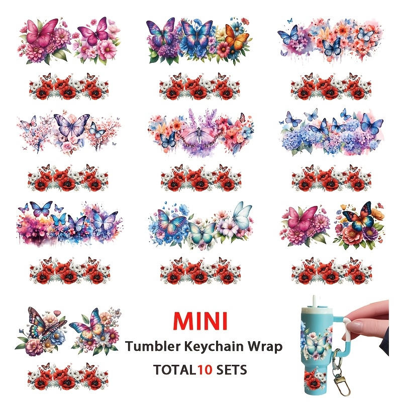TEMU 10pcs/set Floral Mini Uv Dtf Keychain Wraps, Durable Burn For Mini Tumbler Keychain Wraps Transfer Stickers, Suitable For Additions, Crafts,