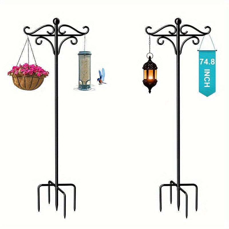 

A set of outdoor shepherd's hooks, designed for double bird feeders with adjustable plant hangers and 5 prongs, suitable for hanging plant baskets, lanterns, and wedding decorations.