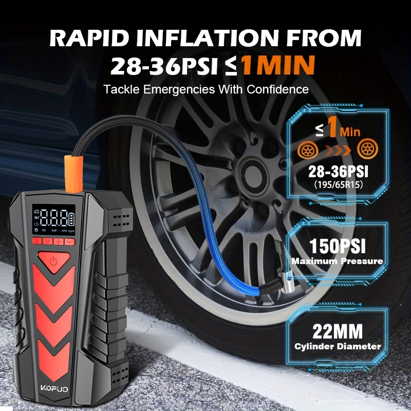     jump starter with   clamps &   -   9.0l/8.0 /  truck/suv/rv charger, 150psi cordless inflator, 3-mode led, 12v usb charger, 40°c  , portable &  , vehicle starting solution,   construction Product details 2