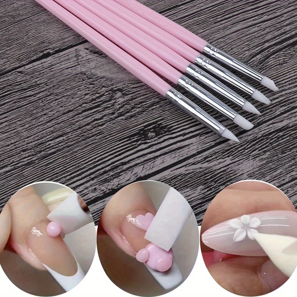 

5pcs Pinceau pour Nail Art en Acrylique Rose, Outils de Manucure en Silicone, Pinceaux de Dessin pour Peinture d'Ongles