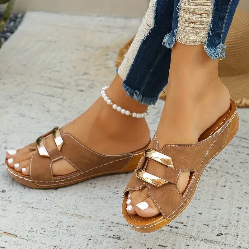 womens wide width summer sandals non slip soft sole open toe platform wedge heel thick rubber sole synthetic cover upper brown golden accents for beach casual strappy sandals beach footwear fashionable footwear durable footwear Product details 3