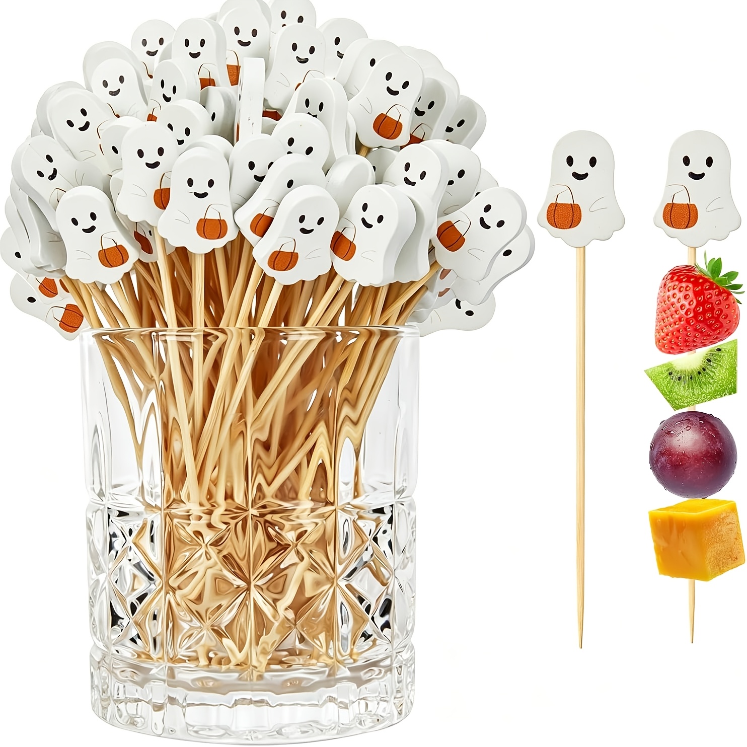 Image of 32 Pack Halloween Picks,bamboo Toothpicks For Appetizers, Pumpkin Toothpicks For Cake Dessert Food Fruit Halloween Party Decorations