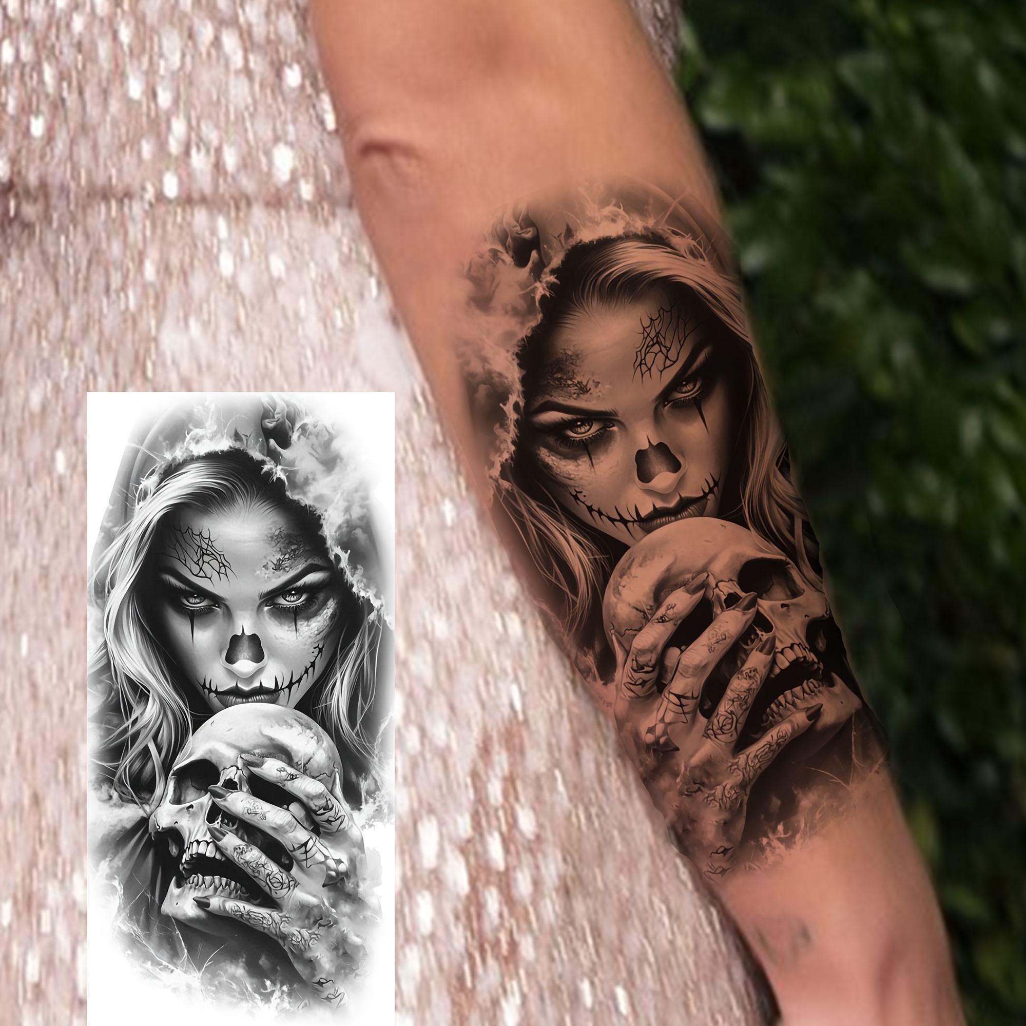1pc Gothic Chicano Temporary Tattoo - Realistic Black & White Skull Design, Waterproof & Long-Lasting Fake Tattoo for Women & Men, Half-Sleeve, Leg, Thigh, Forearm, Calf - Easy Application Body Art for Halloween, Parties, Everyday - Non-Toxic Body Decoration, Halloween Costume, Bold Graphic Design, Highquality Print, Alternative Fashion Lovers, Tattoo Galaxie, Tattoo Planet Fluorescent, Temporary Tattoo Arm Complete Woman, Tattoo Sticker Semi-permanent, Permanent Tattoo Sticker