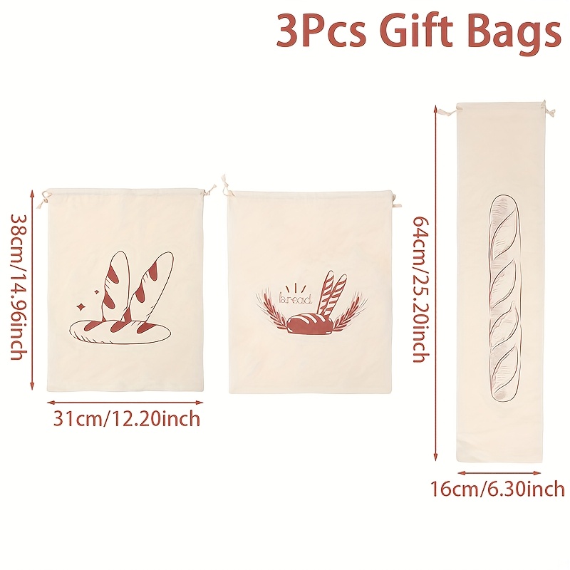E-shop Geschenk für Sie/Ihn 3-teilig, Große Wiederverwendbare Baguette-Tasche, Rechteckige Brot-Tasche, Lebensmittel-Aufbewahrungstasche für
