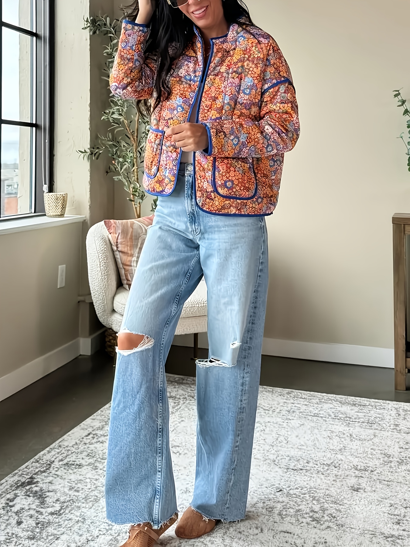 womens floral print lightweight jacket chic open front Temu