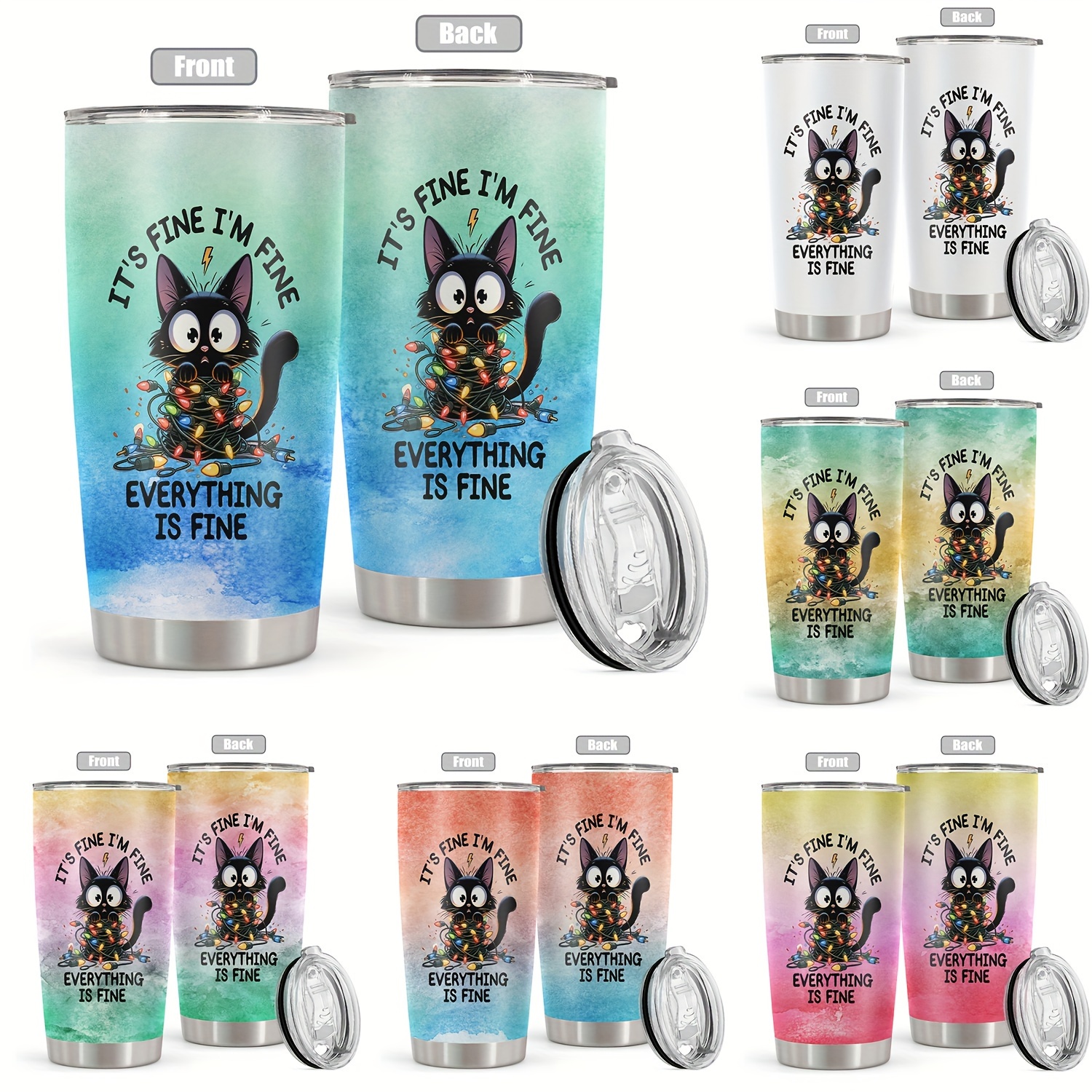 

20oz ' Fine, ' Cat Print Stainless Steel With Lid - Vacuum Insulated, Reusable Water Bottle For All - & Gifts, Best For Christmas, Thanksgiving