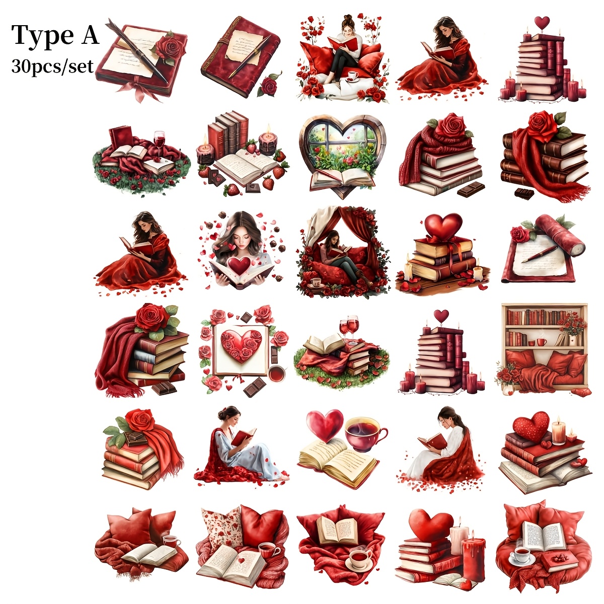 Image of A Set Of 30 Handmade Creative Vintage Valentine's Day Red Rose Stickers Featuring A Reading, And Suitable For Junk Journals, Scrapbooks, Photo Albums, Stationery, Projects, And Magazine Decorations