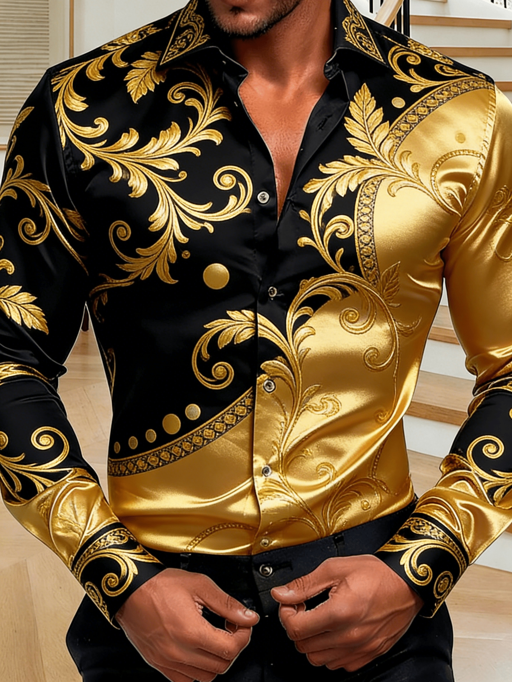 green emerald velvet dress Mens Silk Shirts Long Sleeve Silk Baroque Pattern Dress Shirt Black / L main image 1