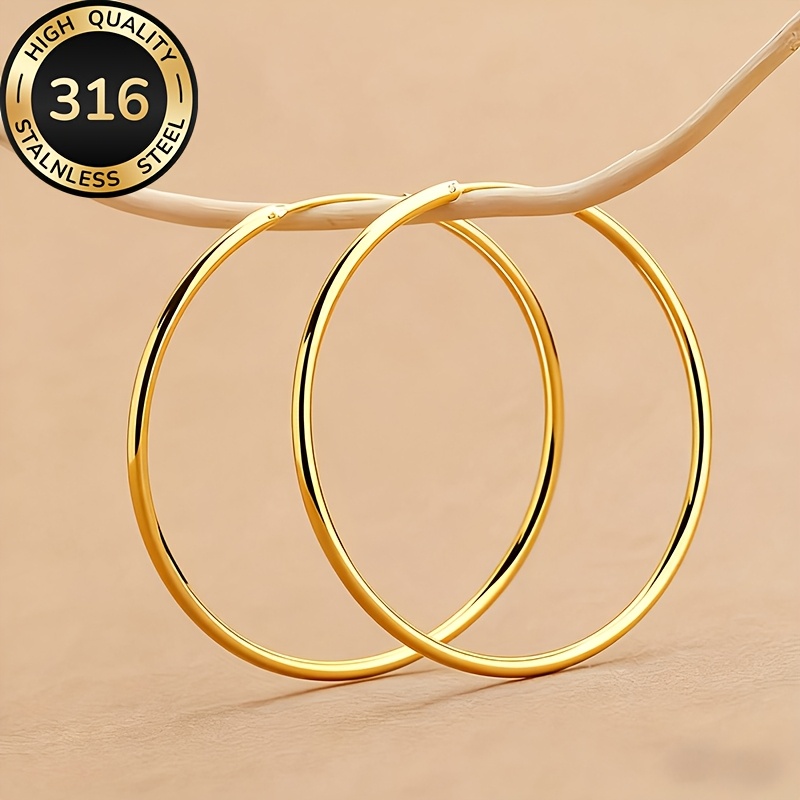 TEMU 1 Pair Hypoallergenic Steel Large Hoop Earrings For Women, Tarnish Resistant, Minimalist Elegant Jewelry For Daily & Party Wear, Delicate Gift