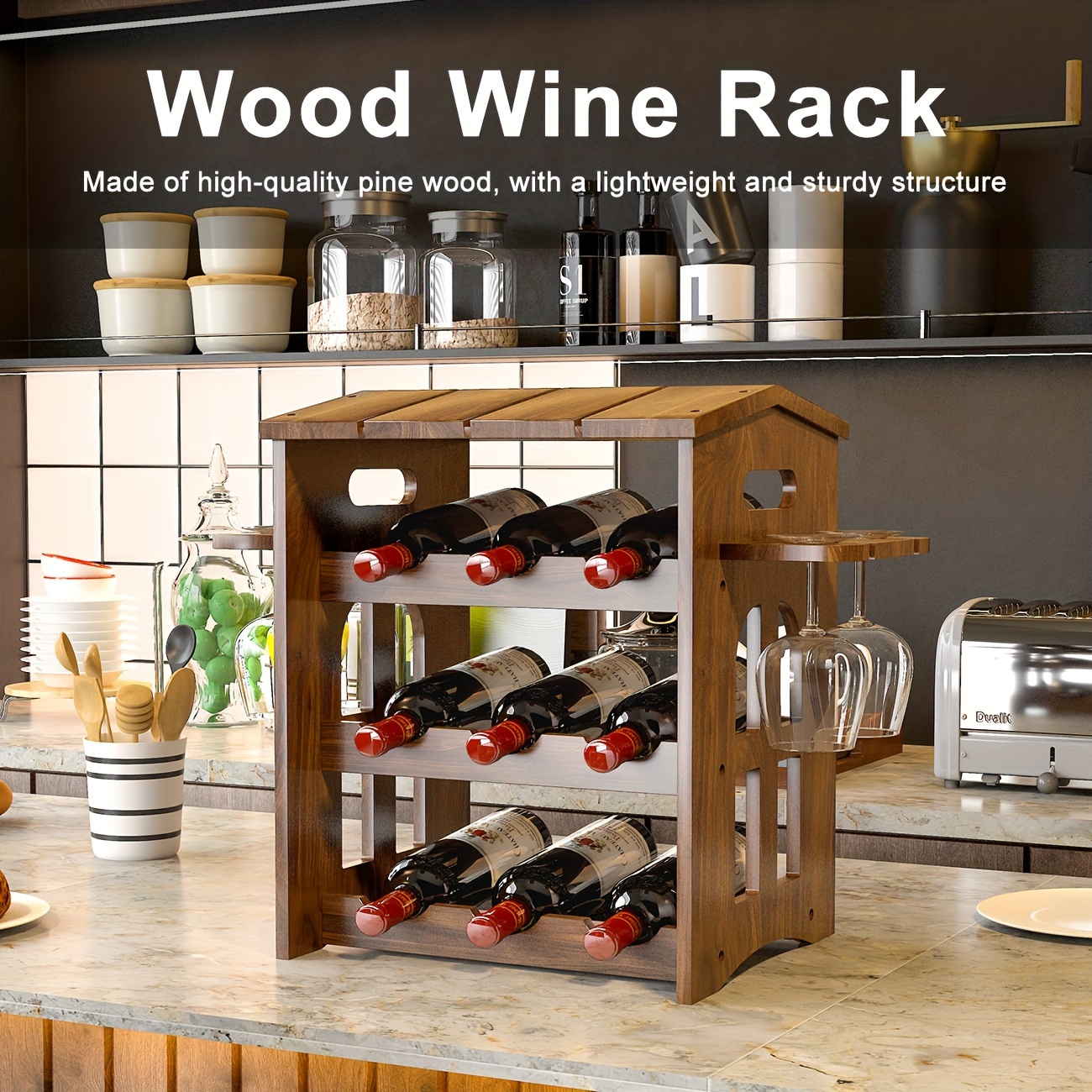 Countertop Wine Rack, Bottles Freestanding Solid Wood Small Wine Bottle  Rack, Tabletop Wine Storage Holder Stand With Wine Glass Holder, Brown