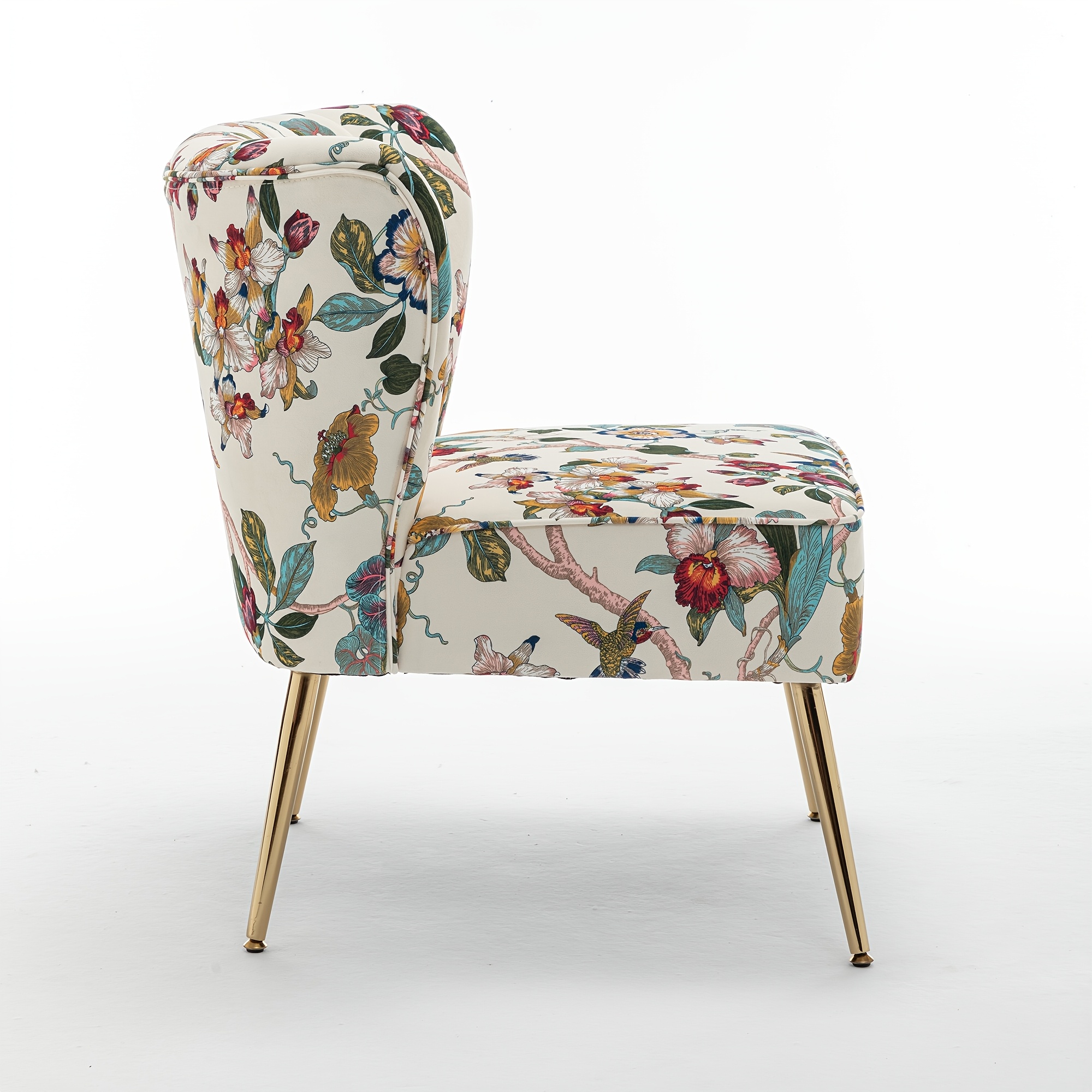Armless Accent Chair with Golden Metal Legs, Modern Comfy Tufted Living Room Chair, Velvet Upholstered Floral Side Chair, Mid Century Slipper Chair for Bedroom, Flower Print