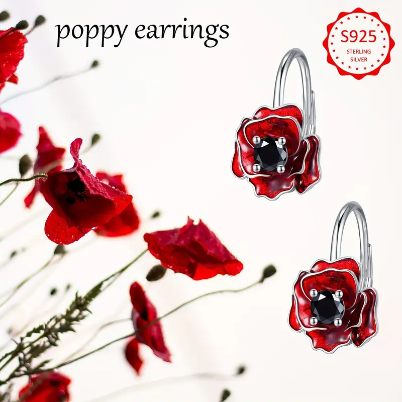 925 sterling silver poppy earrings red flower earrings leverback earrings poppy jewelry Product details 3