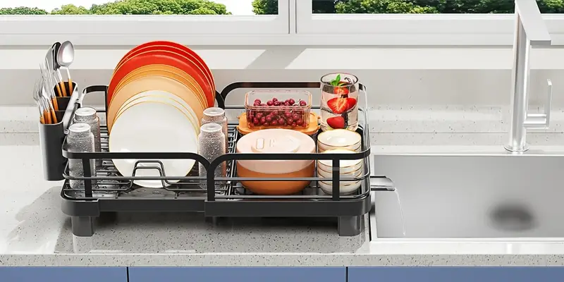 expandable dish drying rack extendable dish rack with spout collapsible dish dryer black large dish drainer for kitchen counter foldable dish drainer drying rack with cutlery holder Product details 4