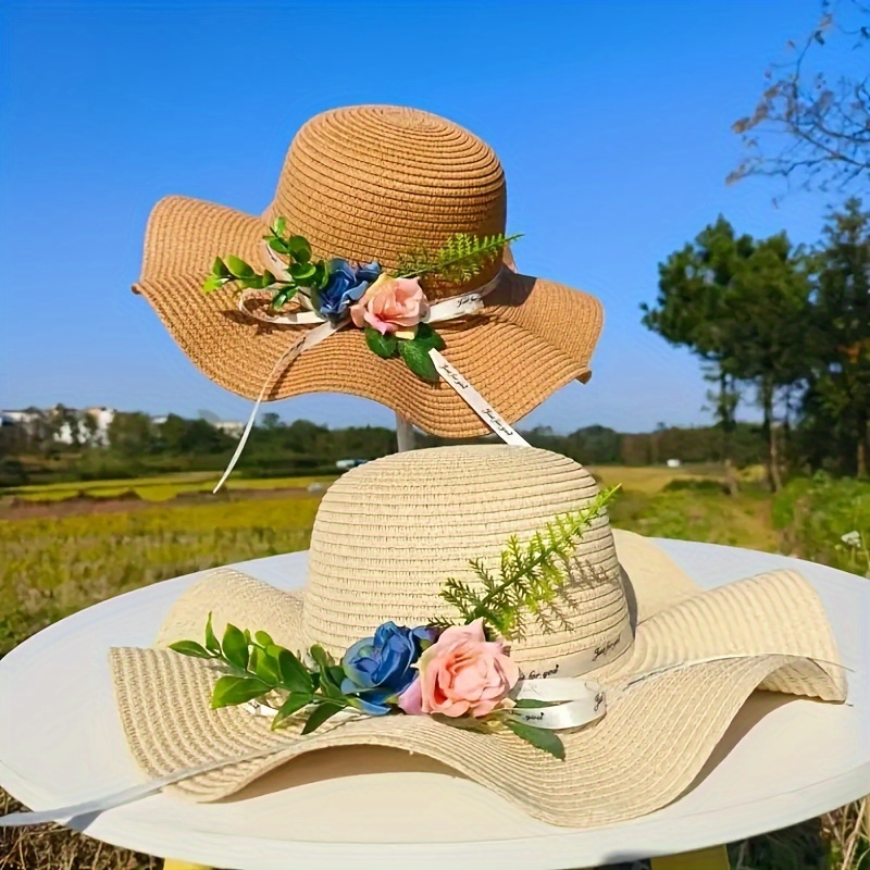 Exquisite Floral Decor Straw Hat, Women's Summer Sun Protection Sunshade Hat, Travel Sun Hat, Fishing Hat Seaside Beach Hat,Temu
