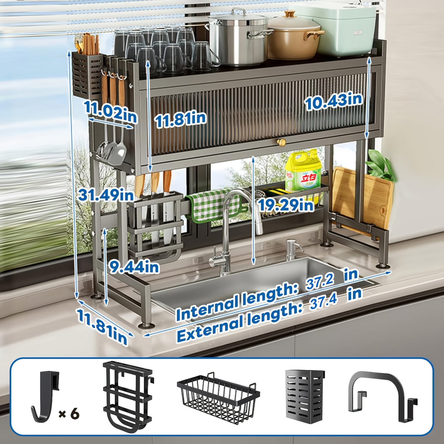 Over The Sink Dish Drainer Drying Rack 3 Tier Over Sink Dish Rack For A Tidy Kitchen Sink Shelf - Dish Rack With Cover For Dishes, Glasses, Bowls, And Cutlery, Length 29.52in/37.4in/41.33in/49.21in