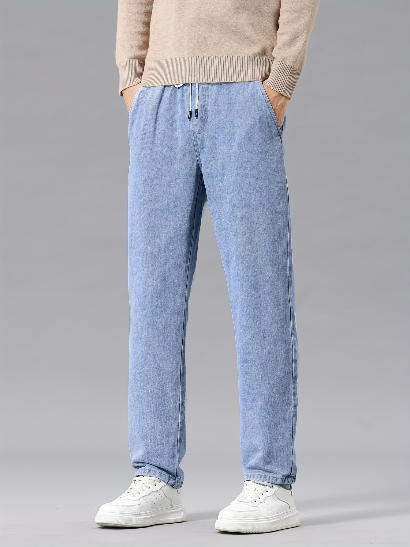 1pc Men'S Casual Washed Denim Jeans, Mid Waist Drawstring Waist, Non-Stretch Solid Color, Straight Leg, Regular Fit, Woven Fabric, Weekend Casual Style, Spring/Fall Season, 9/10 Length Pants