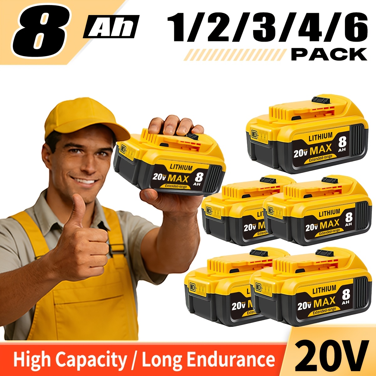 item picture 1/2/3/4/5/6 Pack 8.0Ah Replacement For Dewalt 20v Max Battery High-Capacity Lithium-Ion Batteries Compatible With DCB200 DCB201 DCB203 DCB207 DCB206, Fits 20V Cordless Power Tools And Chargers