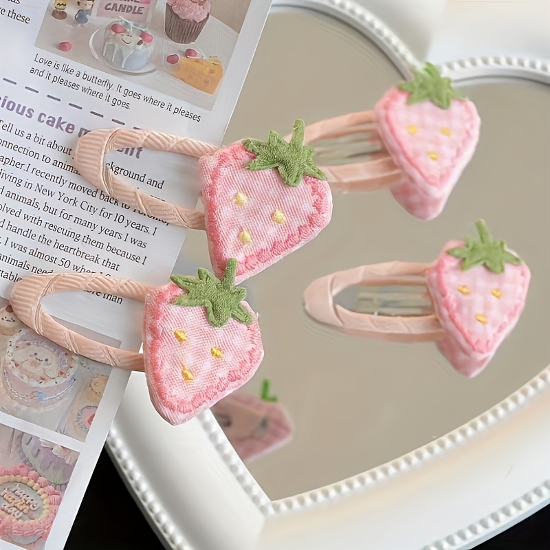 2-pack Spring/autumn New Fabric Embroidered Strawberry Bb Clips, Cute Cartoon Hair Clips For, Side Bangs Clips, Duck Clips